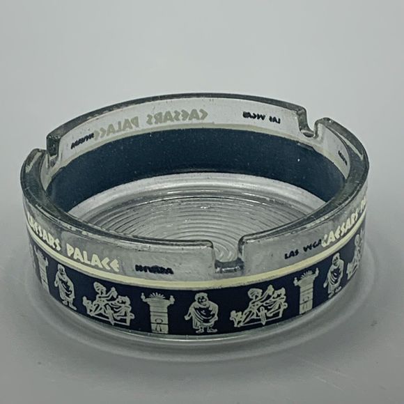 Caesars Palace Las Vegas Nevada Ashtray 1970 Casino Greek Clear Blue Ribbed Base - Picture 2 of 9